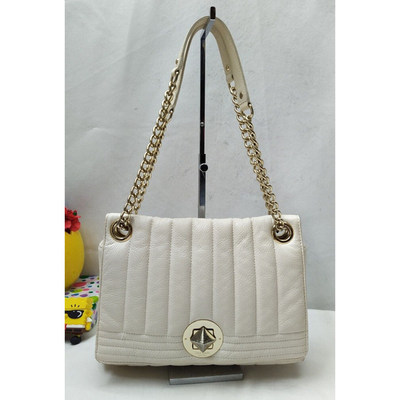 Kate Spade Off White Leather Quilted Chain Strap Turnlock Crossbody Shoulder Bag - Picture 1 of 16